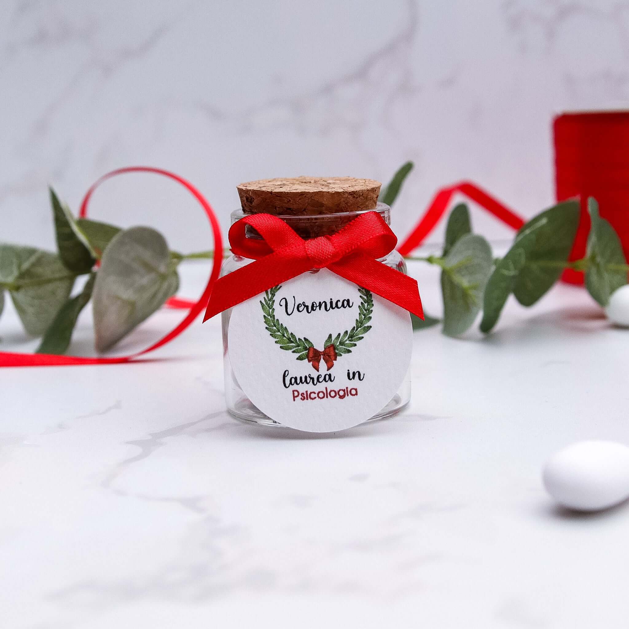 Barattolini Vetro - Alloro e Fiocco Rosso - Eventi Fai da Te