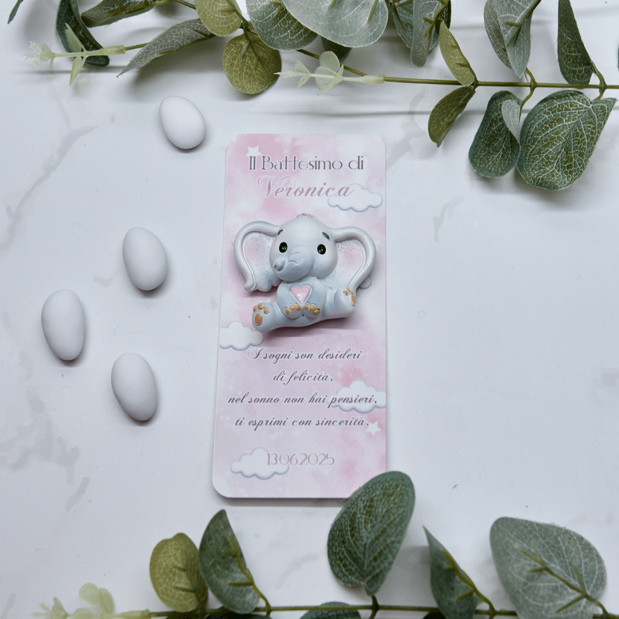 Segnaposto Nuvole Rosa con Calamita Elefantino Rosa - Eventi Fai da Te