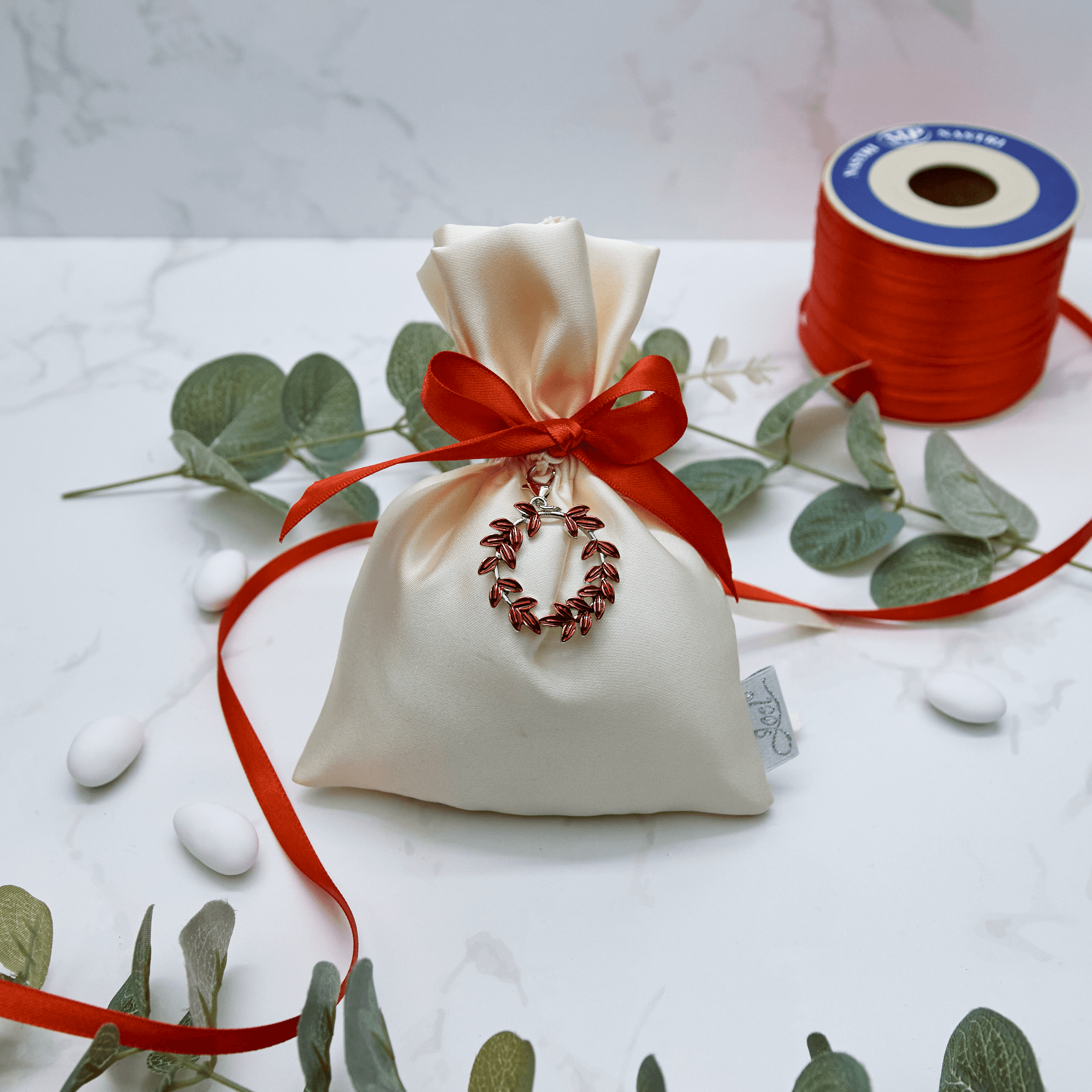 Sacchetto Raso con Corona Alloro Rosso - Eventi Fai da Te